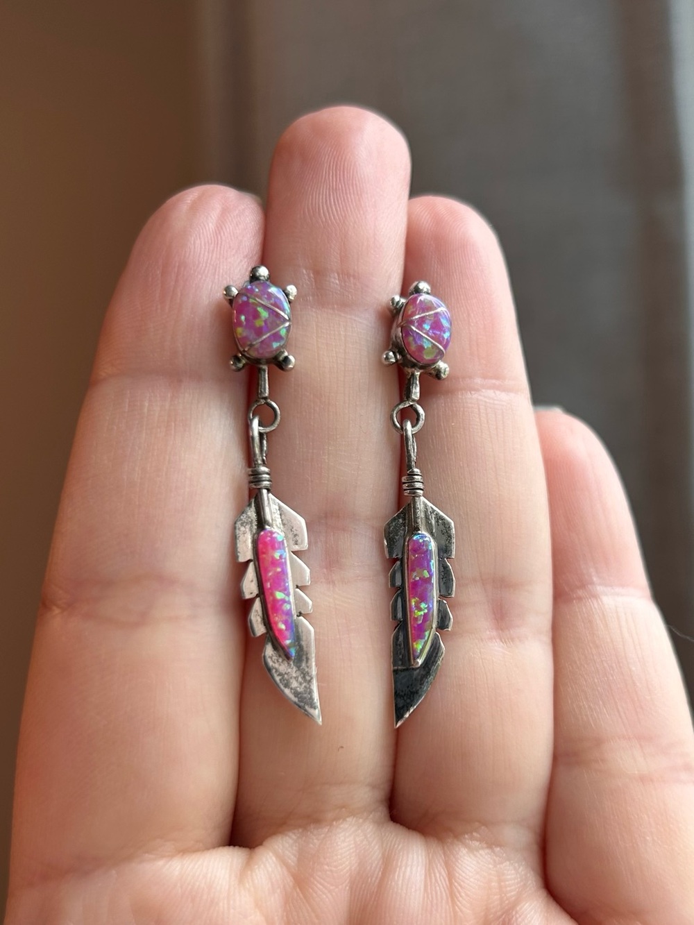 Sterling silver opal inlay turtle feather drop dangle earrings
